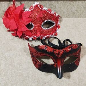 Venetian His and Hers Masquerade Matching Couples Red Black Mask Set #9
